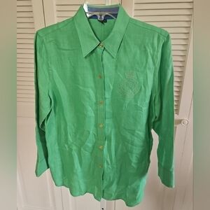 Lauren Ralph Lauren 100% Linen Button Up Women’s Medium Green Embroidered Logo